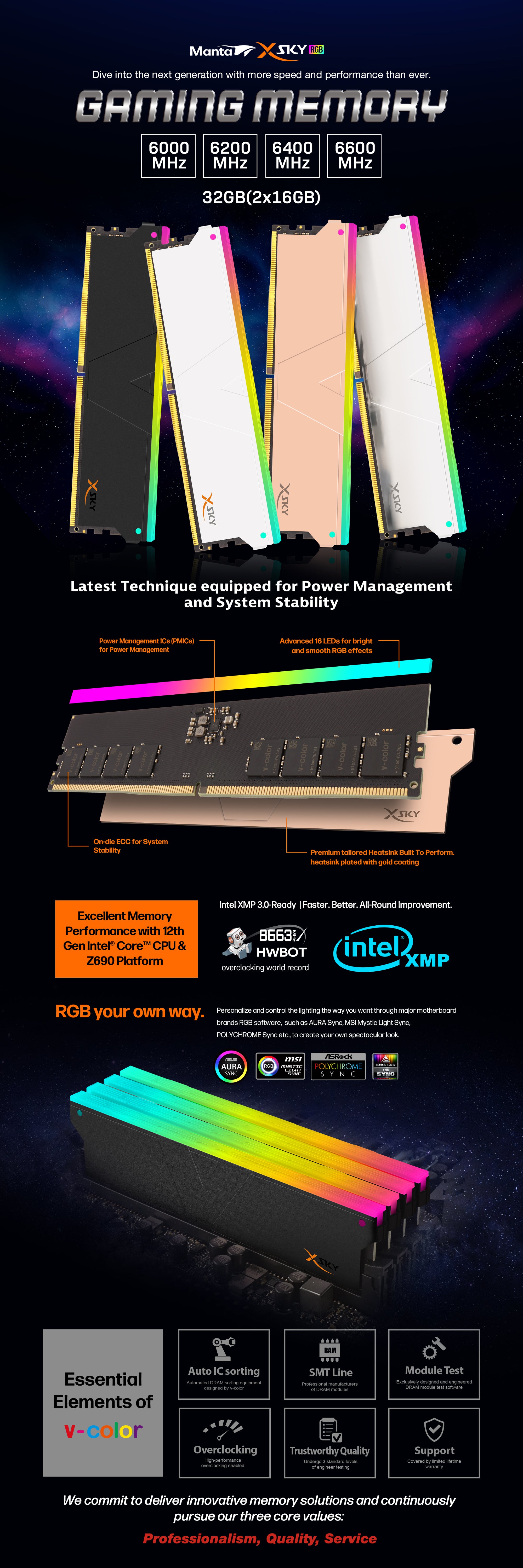 V-COLOR Manta XSky 64GB ( 32GB x 2 ) 7200MHz DDR5 RAM Memory